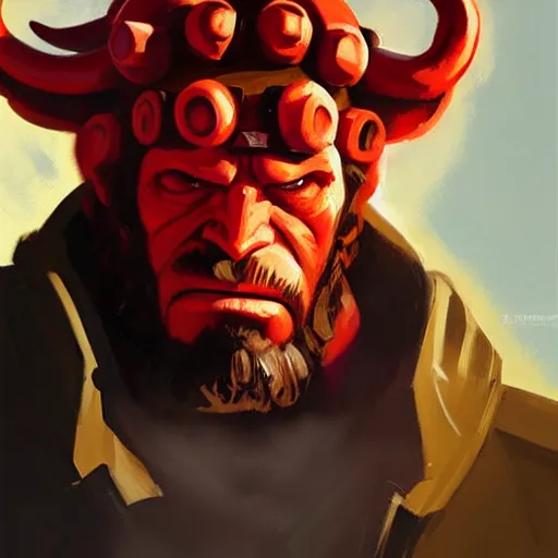 Prompt: greg manchess portrait painting of hellboy as overwatch character, medium shot, asymmetrical, profile picture, organic painting, sunny day, matte painting, bold shapes, hard edges, street art, trending on artstation, by huang guangjian and gil elvgren and sachin teng