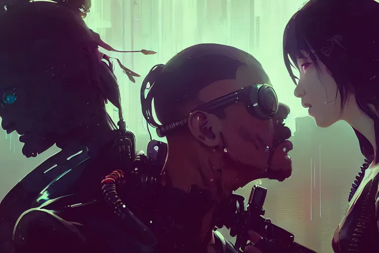 Image similar to hyper - realistic cinematic shot of cyberpunk romantic couple, extreme detail, in style of pan ren wei, yoji shinkawa, atey ghailan, ilya kuvshinov, by greg rutkowski, by greg tocchini, by james gilleard, by joe fenton, by kaethe butcher, grunge aesthetic