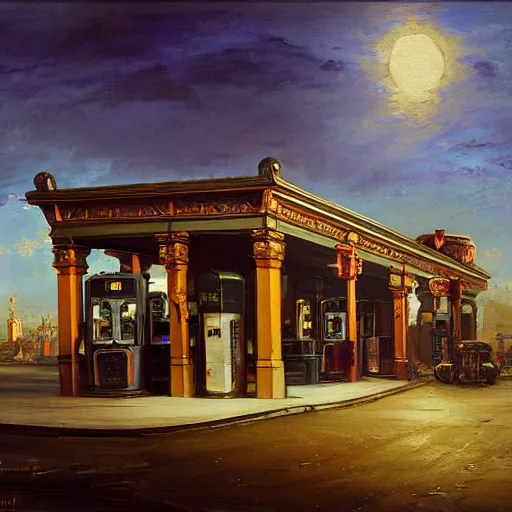 Image similar to painting of artlilery scifi organic shaped gas station with ornate metal work ornaments, volumetric lights, purple sun, andreas achenbach