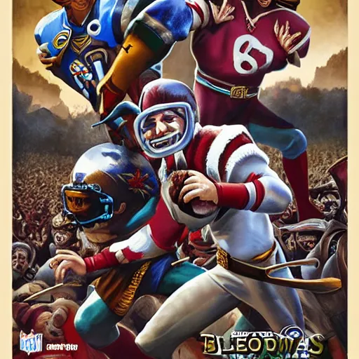 Image similar to blood bowl game poster, elves playing versus humans, intense game, nfl style, high quality, in style of tarantino