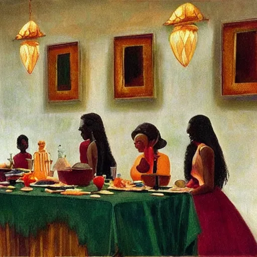 Image similar to dark skinned people eating at a regal buffet ultra detailed beautiful setting elegant event nigerian party minimalist gold ornaments iridescent lighting glamour in the style of edward hooper and henri matisse oil painting