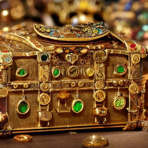 Image similar to A Dwemer chest filled with jewels and golden artefacts, 4k, hdri, museum quality photo