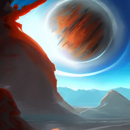 Image similar to digital art, trending on artstation, view from the surface of mars of mount olympus