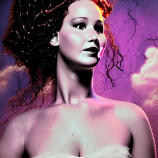 Prompt: a realistic detailed studio portrait photo of jennifer lawrence as the the bride of frankenstein, vaporwave