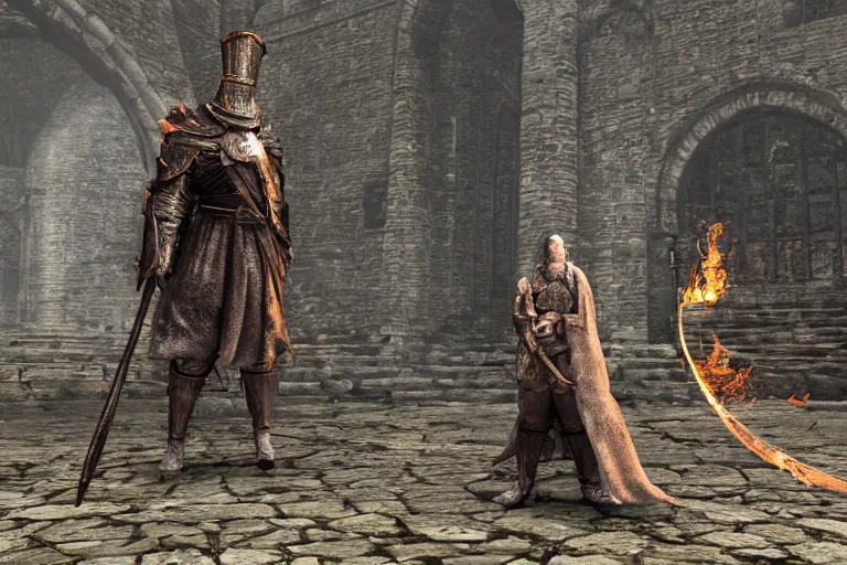 Image similar to jerry seinfeld standing in firelink shrine from dark souls