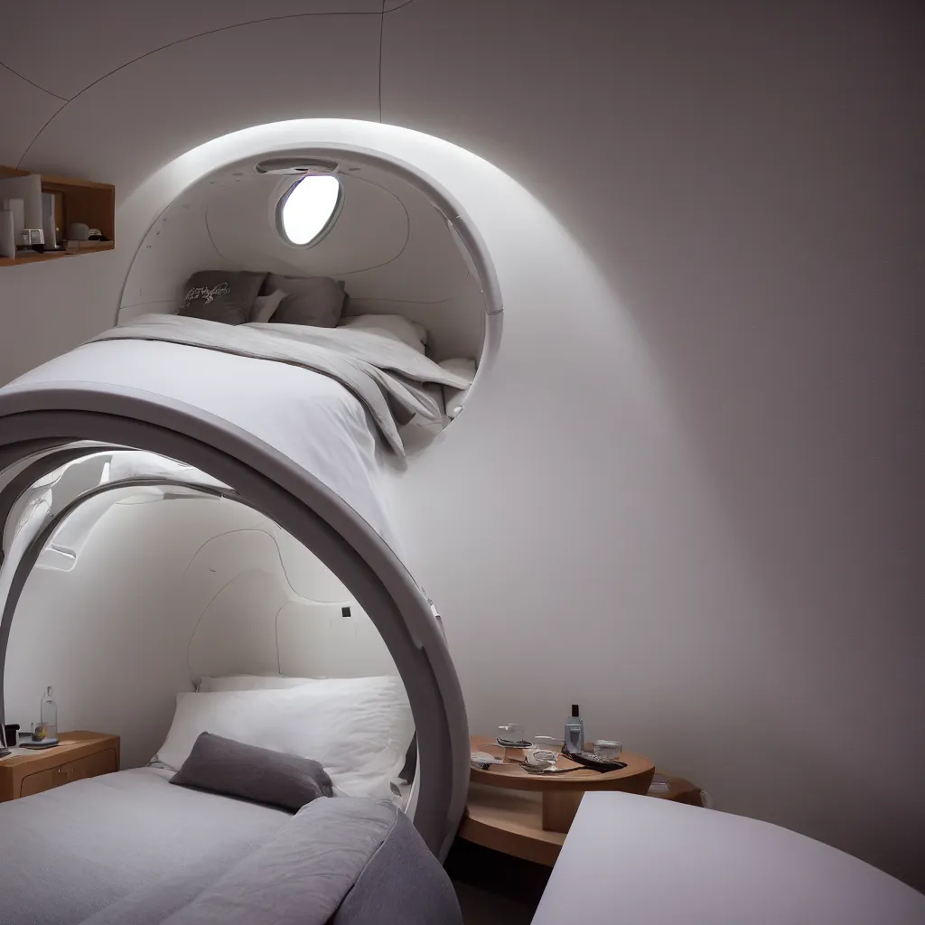 Image similar to inside cozy luxurious curved sleep-pod with wall to wall padding and sound system, XF IQ4, 150MP, 50mm, F1.4, ISO 200, 1/160s, dawn