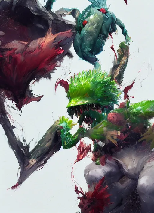 Image similar to semi reallistic gouache gesture painting, by yoshitaka amano, by ruan jia, by Conrad roset, by dofus online artists, detailed anime 3d render kiwi fruit monster, kiwi fruit terrible monster, antrophomorfic kiwi fruit , portrait, cgsociety, artstation, rococo mechanical, Digital reality, sf5 ink style, dieselpunk atmosphere, gesture drawn