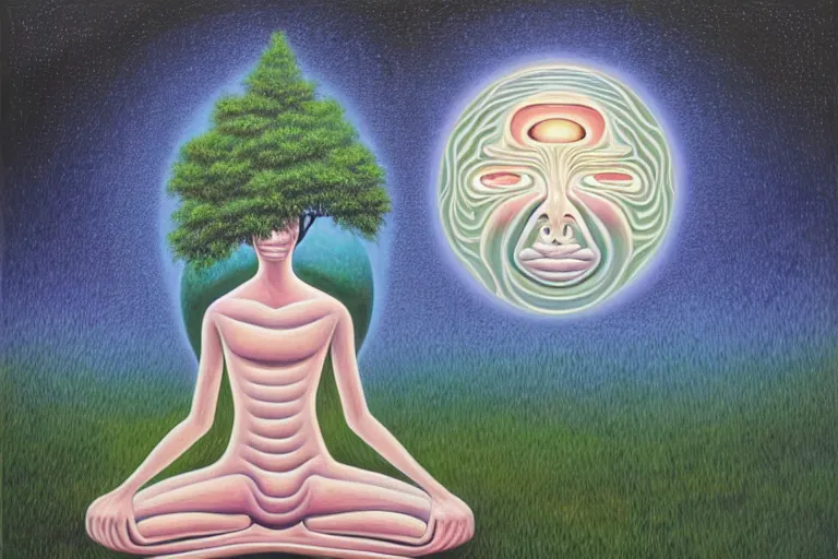 Image similar to painting of a tranquil alien meditating under a tree by alex grey, acrylic art, ethereal, soothing, somber, elegant, soft light,