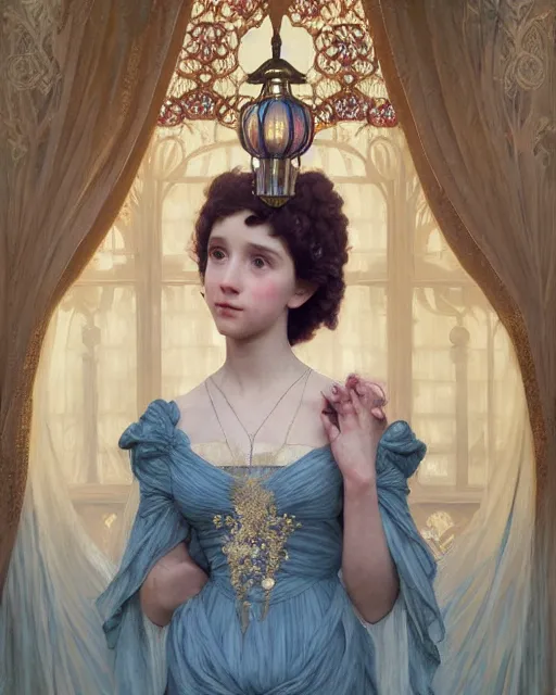 Prompt: a beautiful portrait painting of a shy, blushing princess in a tiara and an iridescent art nouveau gown resembling millie bobby brown watching the lantern festival, intricate, elegant, highly detailed, digital painting, artstation, concept art, by krenz cushart and artem demura and william adolph bouguereau and alphonse mucha