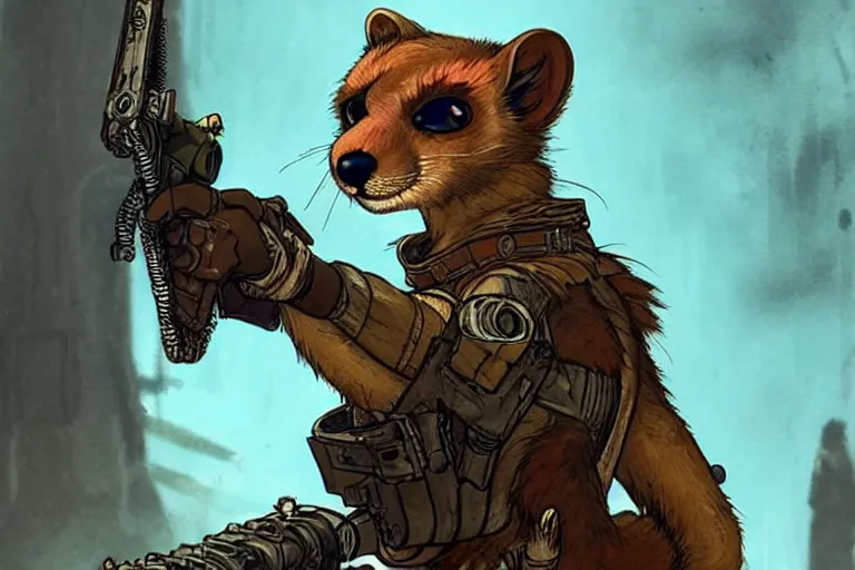 Image similar to a good ol'weasel fursona ( from the furry fandom ), heavily armed and armored facing down armageddon in a dark and gritty version from the makers of mad max : fury road. witness me.