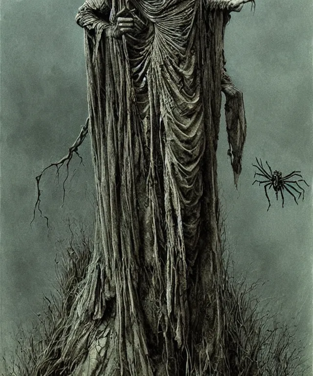 Image similar to a detailed creepy woman with many spider joints stands among the hills. wearing a ripped mantle, robe. perfect faces, extremely high details, realistic, fantasy art, solo, masterpiece, art by zdzislaw beksinski, arthur rackham, dariusz zawadzki