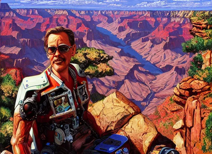 Prompt: realistic physically based rendering of a giant mechanical robot steve buscemi at the grand canyon by jack kirby!!! and simon bisley, epic, awesome trendy color palette, cinematic, claymation, by wes anderson and joop geesink, diorama