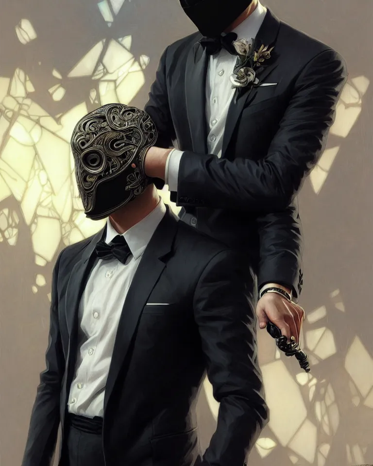 Image similar to ultra realistic illustration, a male with black mask, suit and tie, intricate, elegant, highly detailed, digital painting, artstation, concept art, smooth, sharp focus, illustration, art by artgerm and greg rutkowski and alphonse mucha