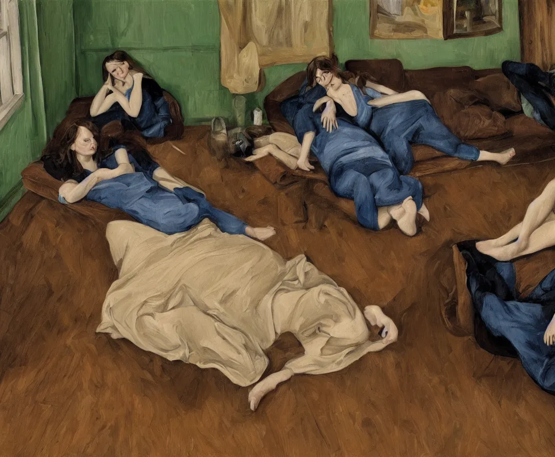 Image similar to portrait of two women lying horizontal, in an empty old english apartment with wooden floor on a brown leather sofa. one is wearing a dark blue sweather, the other a white shirt. brown hair, they are looking into the camera. wide shot. in the style of lucien freud. oil painting. green mood. isometric perspective