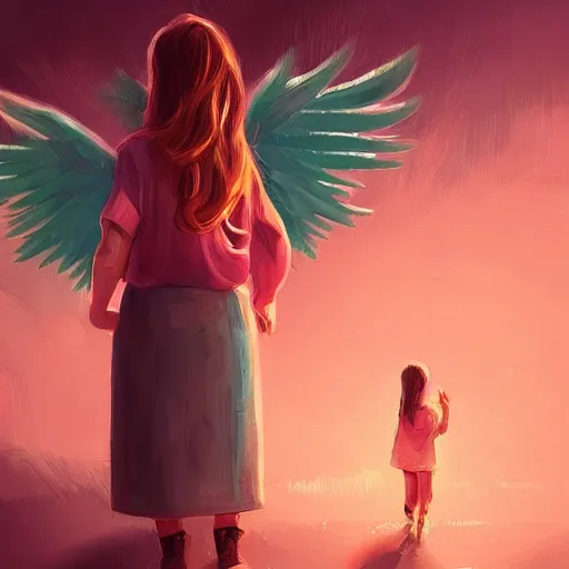 Image similar to Angel protecting child by Alena Aenami, very detailed, deviantart, artstation