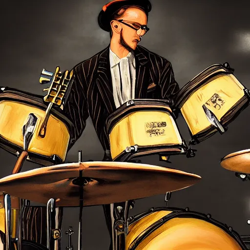 Prompt: 1940's musician playing drums, drumkit, drum sticks in hand, photorealistic art, hd, 8k, intricate details, high definition
