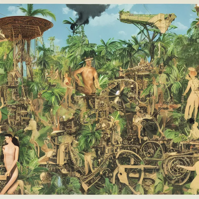 Prompt: a network of steampunk machinery in tropical nature, painted by Neo Rauch, 1970 magazine cut out collage