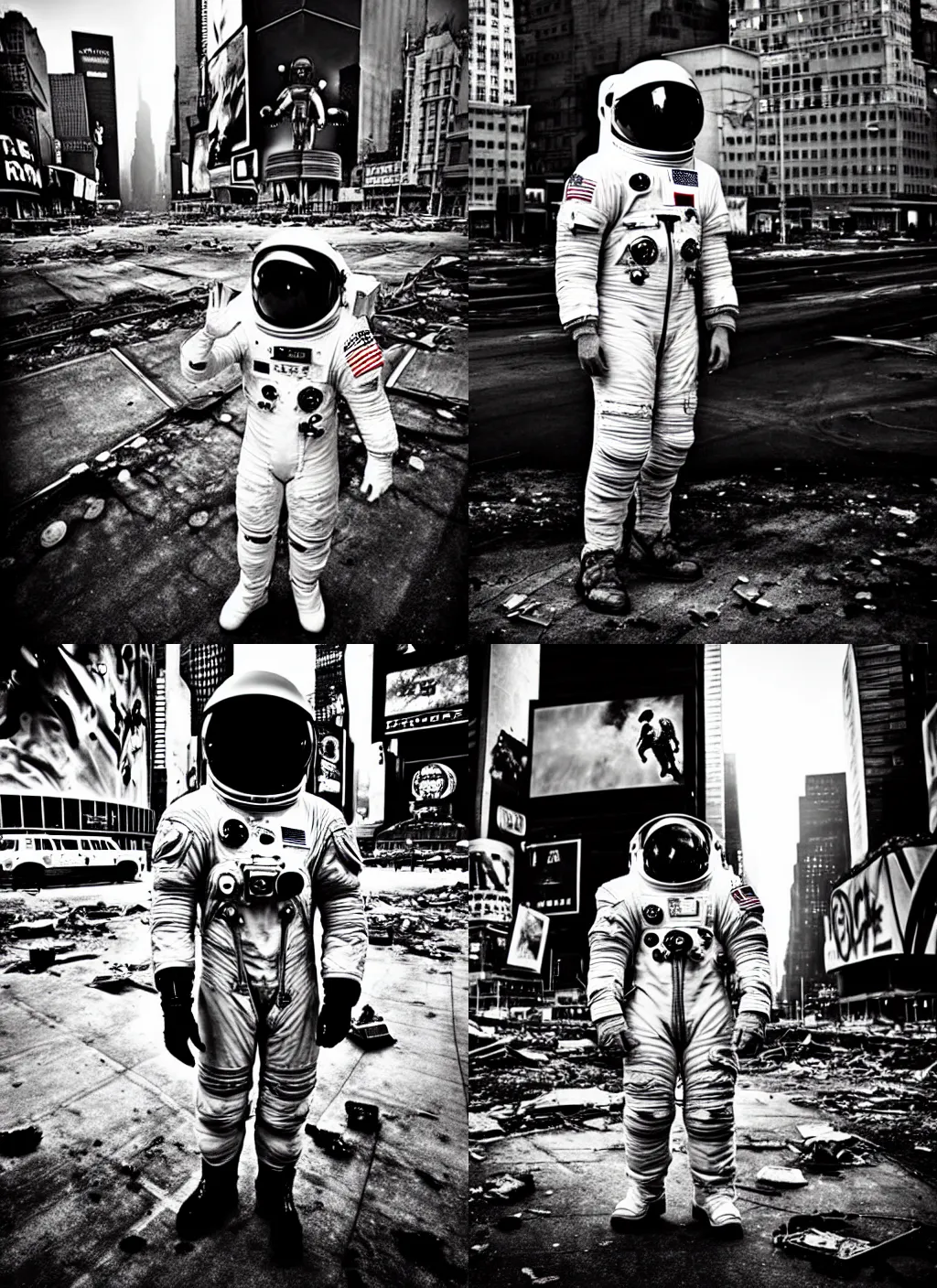 Prompt: american white spacesuit astronaut with oversized helmet in postapocalyptic abandoned destroyed times square, destroyed buildings, heavy vignette!, dramatic dark, grayscale 1 9 0 0 s picture