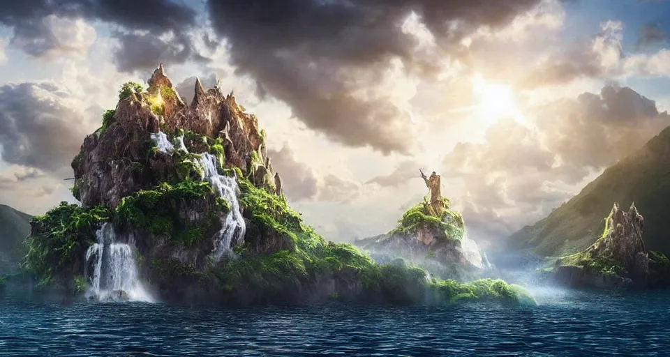 Prompt: A magnificent floating island in the sky above the sea, defying gravity, floating island, flying island, waterfall falling down, epic lighting, epic composition, highly detailed