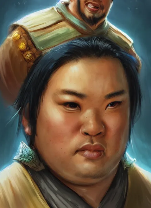 Image similar to slightly chubby asian man with medium black parted hair, dndbeyond, bright, colourful, realistic, dnd character portrait, full body, pathfinder, pinterest, art by ralph horsley, dnd, rpg, lotr game design fanart by concept art, behance hd, artstation, deviantart, hdr render in unreal engine 5