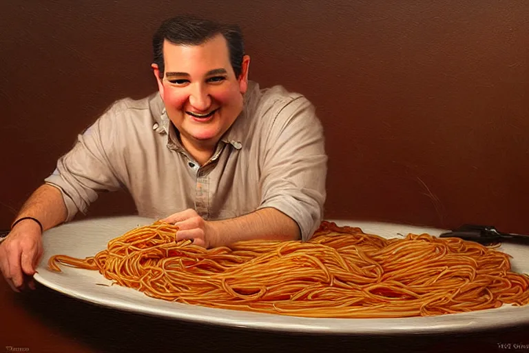 Image similar to portrait of ted cruz rolling around in spaghetti, an oil painting by ross tran and thomas kincade