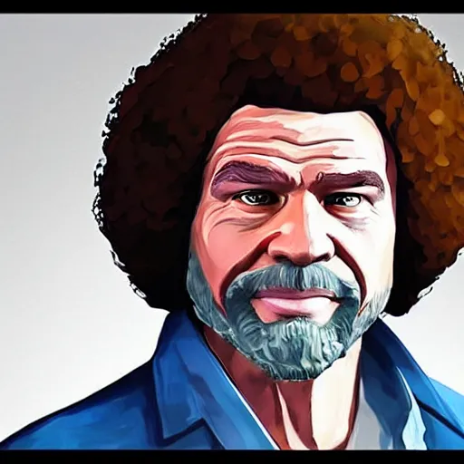 Image similar to Bob Ross as a character in GTA V, cell shaded loading screen art