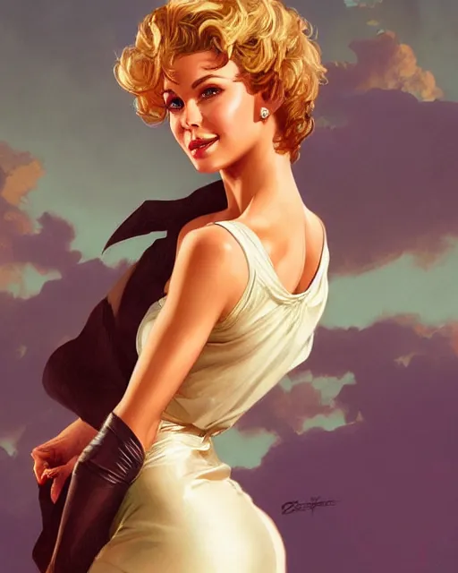 Prompt: Portrait of Sandy from Grease going up to heaven, real life skin, intricate, elegant, highly detailed, artstation, concept art, smooth, sharp focus, art by artgerm and greg rutkowski and alphonse mucha