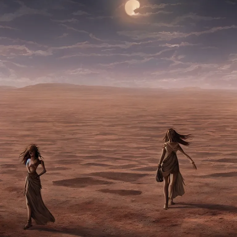 Prompt: A greek goddess walking across a vast desert under an unrelenting sun. award winning. superb resolution. in the art style of junji Ito and greg rutkowski. Detailed post-apocalyptic wasteland in background. Hyper realistic anime. Perfect art.