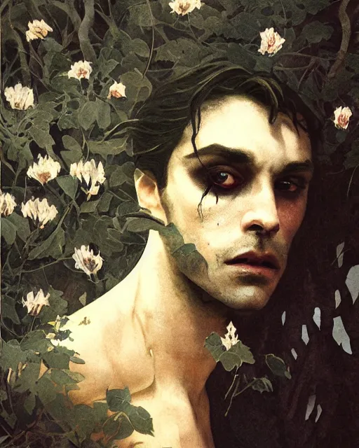 Image similar to a handsome but sinister and creepy man in layers of fear, with haunted eyes, violence in his eyes, ethically ambiguous, 1 9 7 0 s, seventies, delicate embellishments, a little blood, woodland, moonlight shining on wildflowers, painterly, offset printing technique, by alexandre cabanel