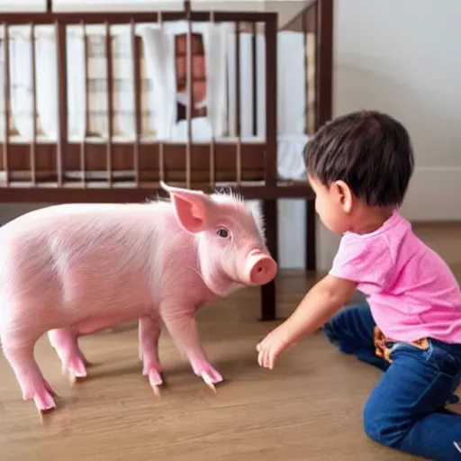 Prompt: baby playing with a pig in the crib