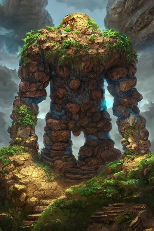 Image similar to zelda fantasy art giant golem troll wood rock greeble gemstone, global illumination ray tracing hdr fanart arstation by sung choi and eric pfeiffer and gabriel garza and casper konefal