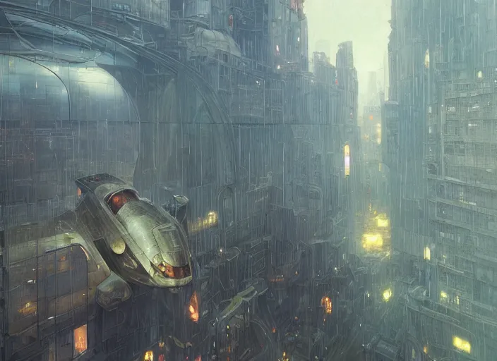 Image similar to view through window, giant spaceship, city is pure wasteland, rain, dusk, low saturation, glowing lights, alphonse mucha, greg rutkowski, trending on artstation, artgerm, breathtaking, sharp focus, smooth, mark arian, award winning, highly detailed 4 k art