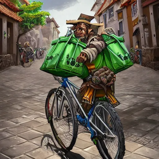 Image similar to a bicycle food delivery worker with a green bag on his back in Portugal, hearthstone art style, epic fantasy style art by kim jung gi, fantasy epic digital art