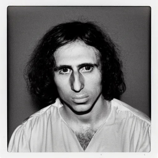 Image similar to Mugshot Portrait of Tiny Tim, taken in the 1970s, photo taken on a 1970s polaroid camera, grainy, real life, hyperrealistic, ultra realistic, realistic, highly detailed, epic, HD quality, 8k resolution, body and headshot, film still, front facing, front view, headshot and bodyshot, detailed face, very detailed face