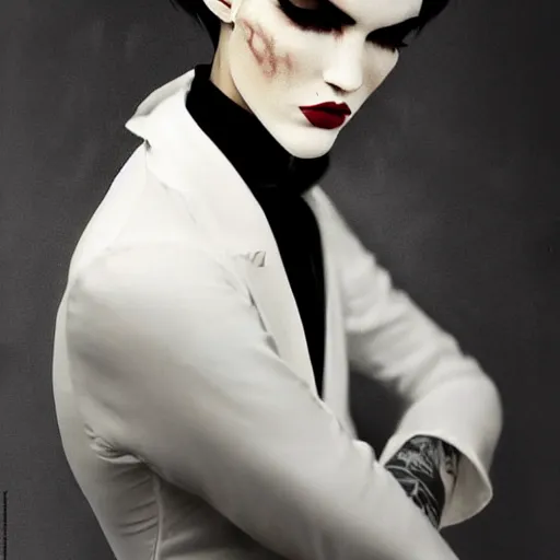 Image similar to beautiful portrait of androgynous ruby rose as desire from sandman in a white tuxedo!!!, rockabilly style,, by alphonse mucha, by peter lindbergh, cedric peyravernay, by jeremy mann, by frank moth, white suit and black tie, soft lightning, high detailed, 8 k