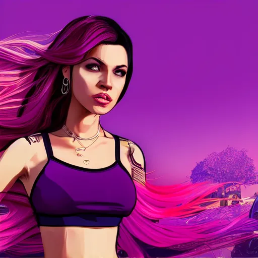 Image similar to a stunning GTA V loading screen with a beautiful woman with ombre hairstyle in purple and pink blowing in the wind, city streets, golden ratio, digital art, trending on artstation