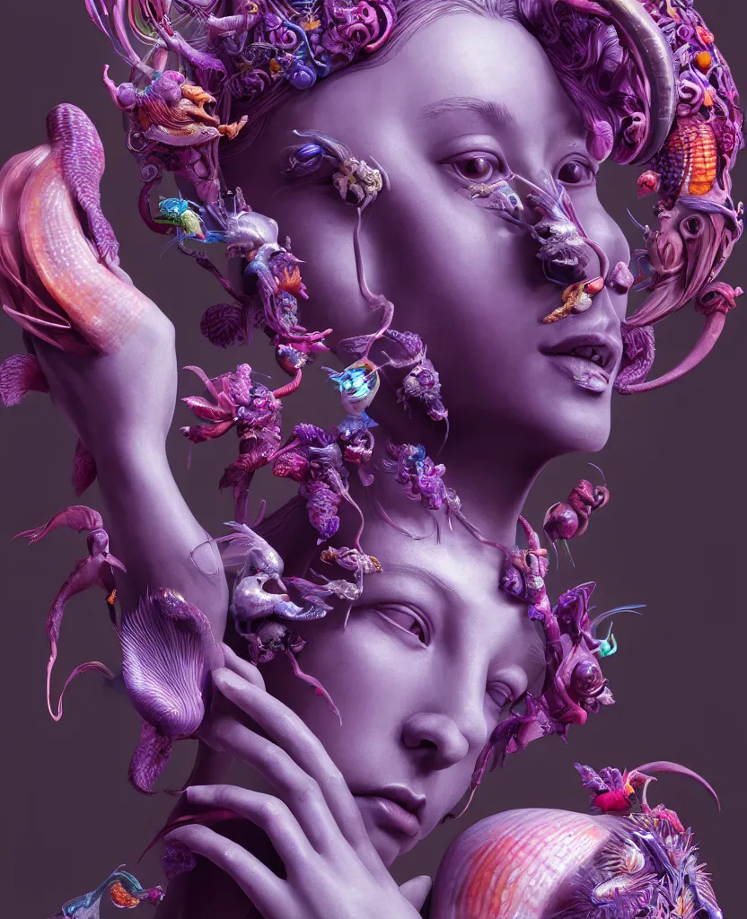 Image similar to goddess full color painted acryllic sculpture close-up portrait. orchid bird phoenix head, nautilus, skull, betta fish, bioluminiscent creatures, intricate artwork by Tooth Wu and wlop and beeple. octane render, trending on artstation, greg rutkowski very coherent symmetrical artwork. cinematic, hyper realism, high detail, octane render, 8k