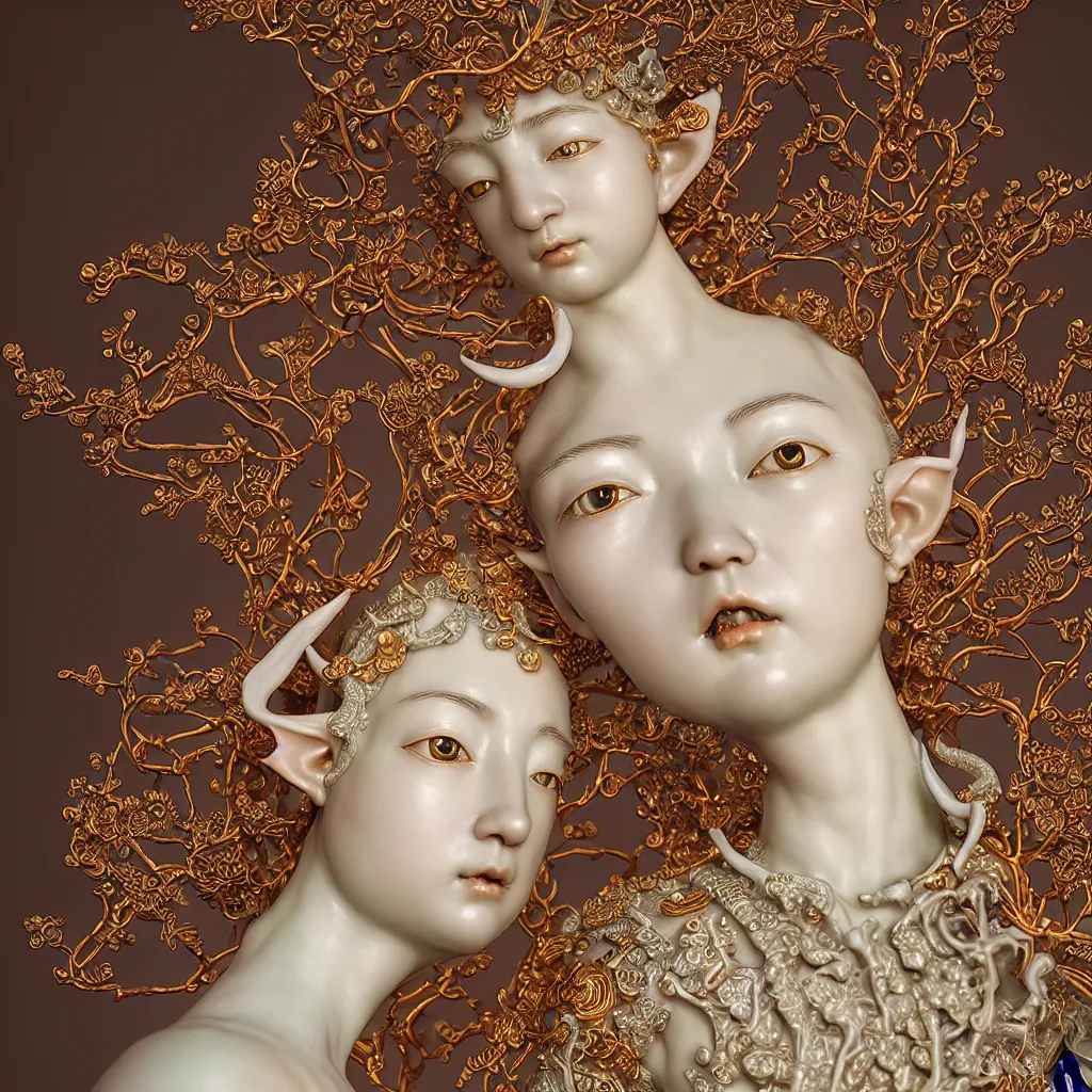 Image similar to A Close up photo-real delicate ceramic porcelain sculpture of an ornate detailed solo elf in front of a intricate background by Victo Ngai and takato yamamoto, micro detail, backlit lighting, subsurface scattering, translucent, thin porcelain, octane renderer, colorful, physically based rendering, japanese pottery, trending on cgsociety