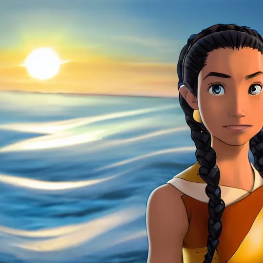 Prompt: Render of Katara, Avatar the Last Airbender, a beautiful 3d young woman, waterbending, hair braided into Inuit hair loops, Inuit heritage, golden skin tone, blue eyes, blue tunic, full round face, proud smile, golden hour, serene beach setting, medium shot, mid-shot, hyperdetailed, trending on Artstation, Unreal Engine 4k