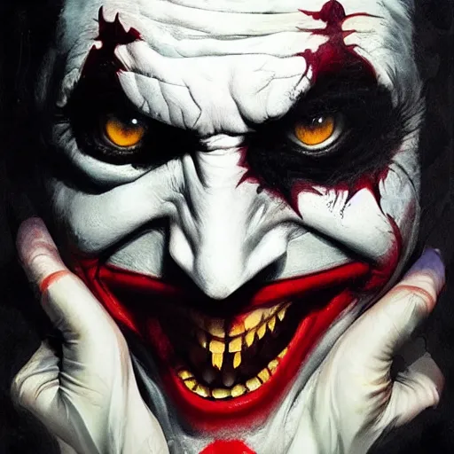 Image similar to joker, crazy face, hand covering face, paint by greg rutkowski