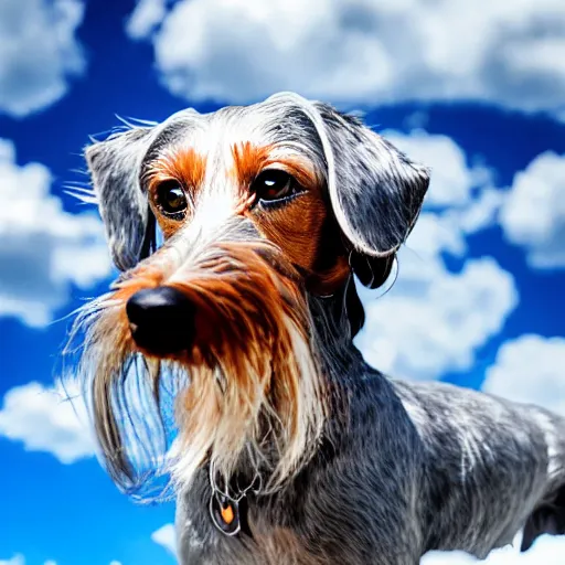 Image similar to a grey, elderly wire-haired dachshund floating in heaven, blue sky, surrounded by beautiful white clouds