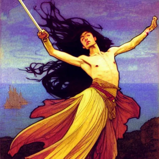 Image similar to a golden swordsman leans back as he dances elegantly in the wind, his robes and long hair flowing in the breeze, his enemies lying on the ground below, fantasy, Mucha, MTG, Game of Thrones, salsa dancing, Rossetti, Millais