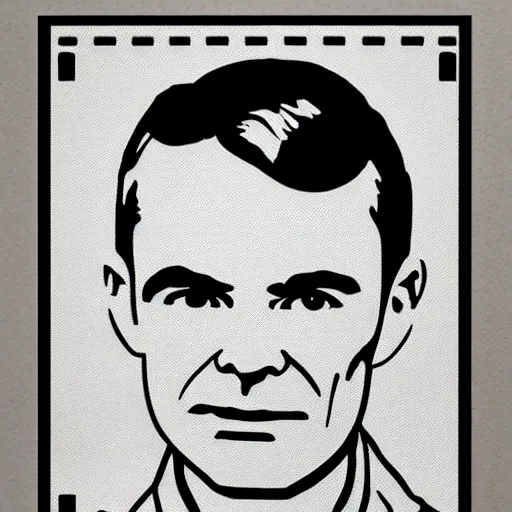 Prompt: die cut sticker individual alan turing silk screen butcher billy style