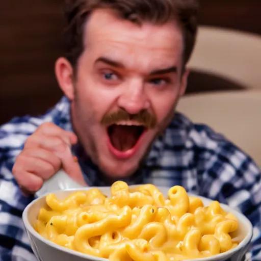 Image similar to a stream of mac n' cheese flowing out of a man's mouth into a huge bowl. His eyes are red from crying. photograph.