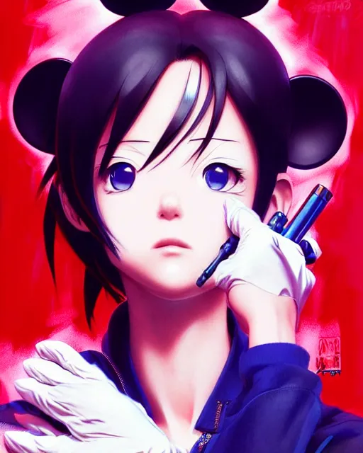 Image similar to portrait Anime Mickey Mouse smoking Sharp fine face, pretty face, realistic shaded Perfect face, fine details. Anime. cyberpunk realistic shaded lighting by katsuhiro otomo ghost-in-the-shell, magali villeneuve, artgerm, rutkowski Jeremy Lipkin and Giuseppe Dangelico Pino and Michael Garmash and Rob Rey