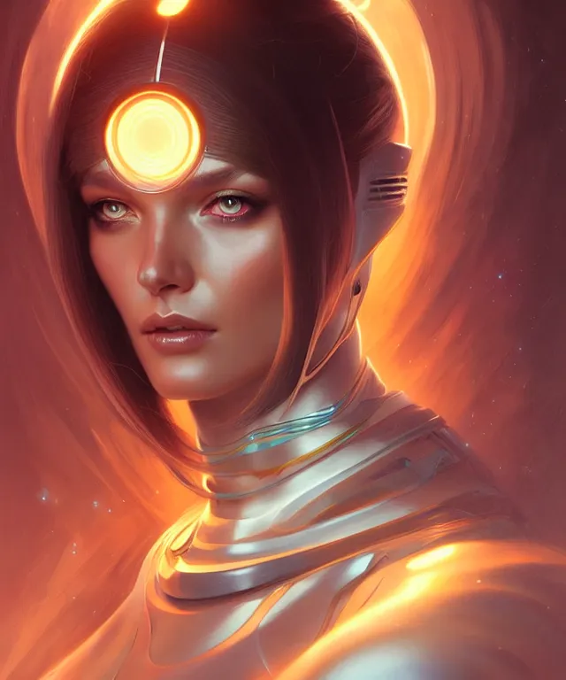 Image similar to futuristic woman portrait, sci-fi, amber eyes, face, long hair, fantasy, intricate, elegant, highly detailed, digital painting, artstation, concept art, smooth, sharp focus, illustration, art by artgerm and greg rutkowski and alphonse mucha