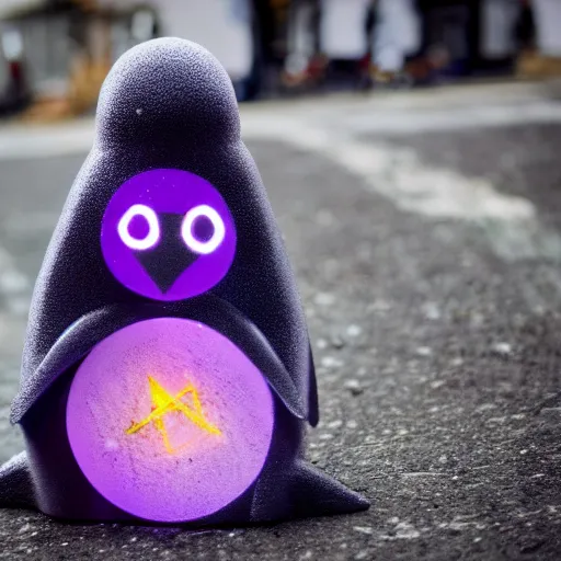 Prompt: Penguin creating magic purple magic satanic circles on the streets, 40nm, shallow depth of field, split lighting, 4k,