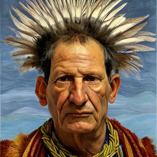 Image similar to high quality high detail painting by lucian freud, hd, portrait of an aztec priest with feathers, photorealistic lighting