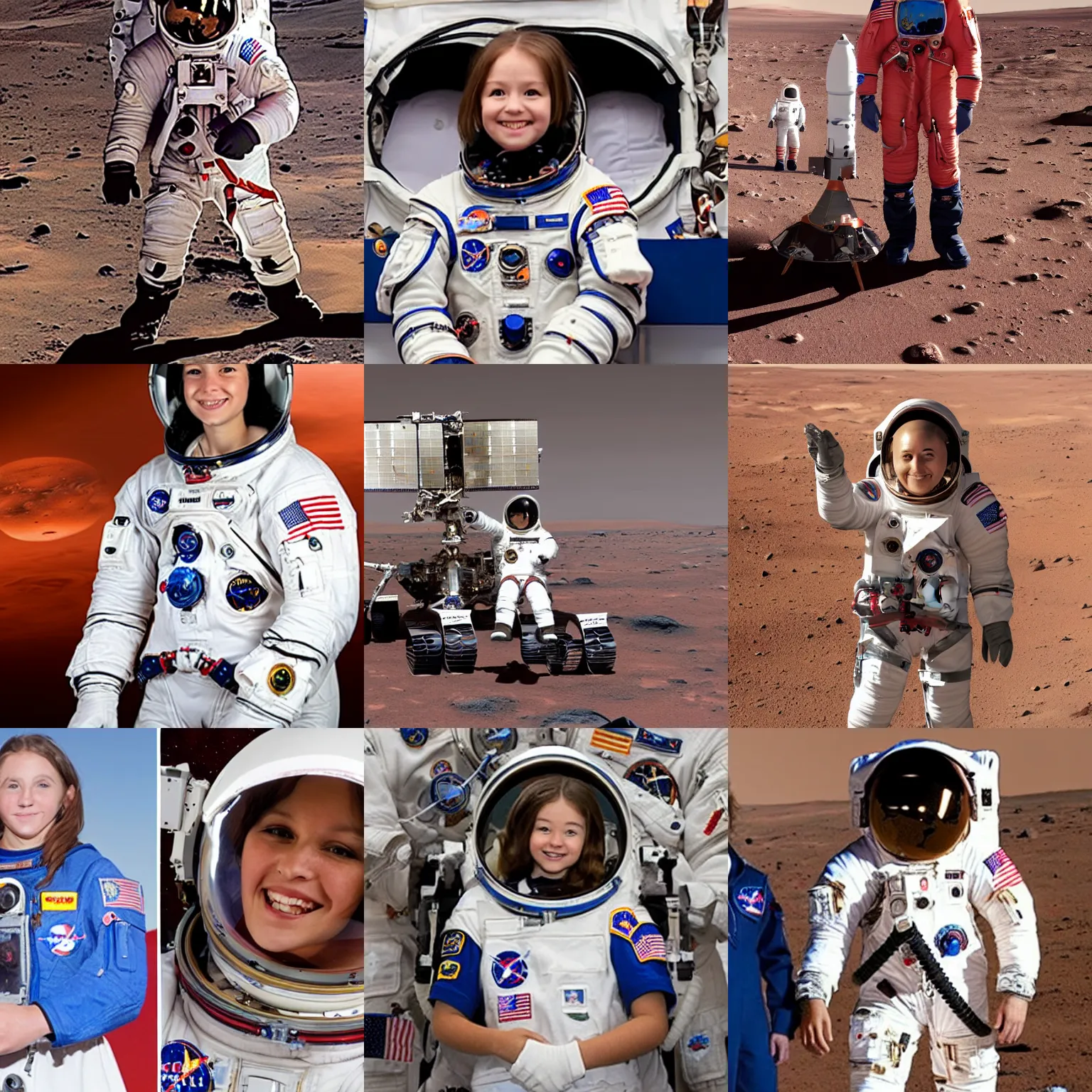 Prompt: A schoolgirl astronaut becomes the first person to step onto Mars