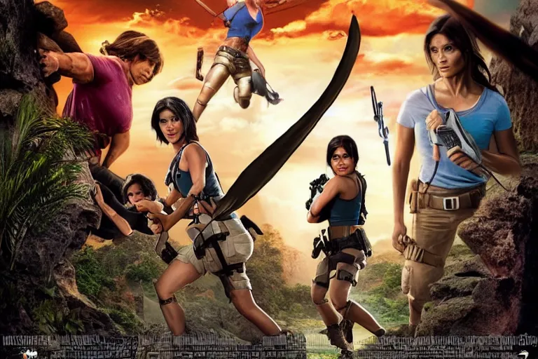 Image similar to Isabela Merced as Dora the Explorer vs Angelina Jolie as Lara Croft, movie poster, film by Michael Bay